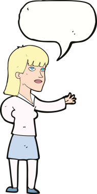 Bir insan tarafından çizilen konuşma baloncuğuyla açıklayan çizgi film kadını.