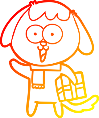 Bir insan tarafından çizilmiş Noel hediyeli şirin bir köpeğin sıcak çizgi çizimi.