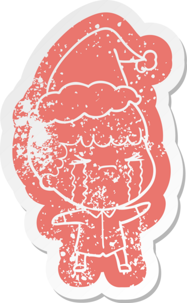 Garip bir çizgi film. Ağlayan bir adamın çıkartması. Bir insan tarafından çizilmiş Noel Baba şapkasıyla.