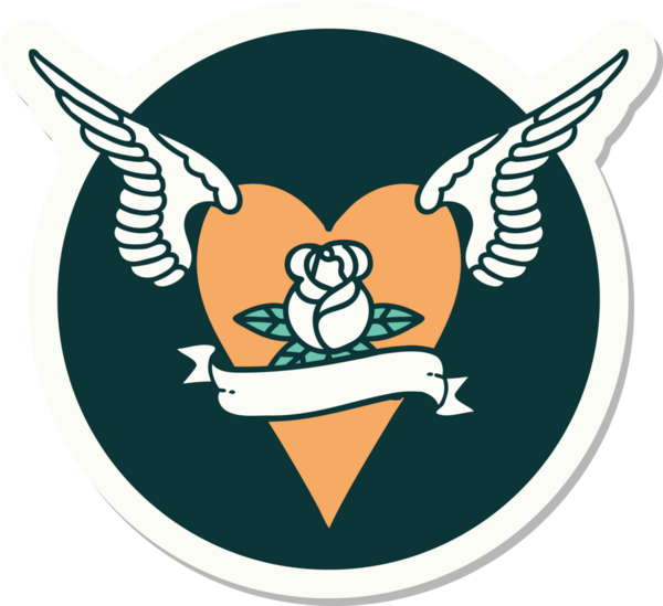 Geleneksel bir dövme stili. Uçan kalp. Çiçekler ve bir insan tarafından çizilmiş bayrak.