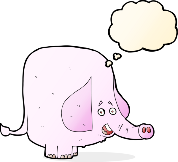 Bir insan tarafından çizilmiş düşünce baloncuklu pembe bir fil.