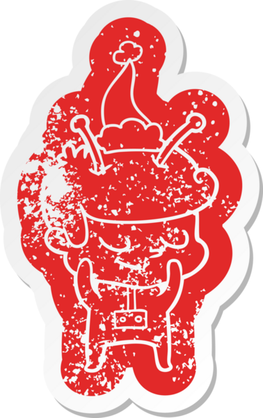 Utangaç karikatür. Bir insan tarafından çizilmiş Noel Baba şapkası giyen bir uzay adamının sıkıntılı çıkartması.