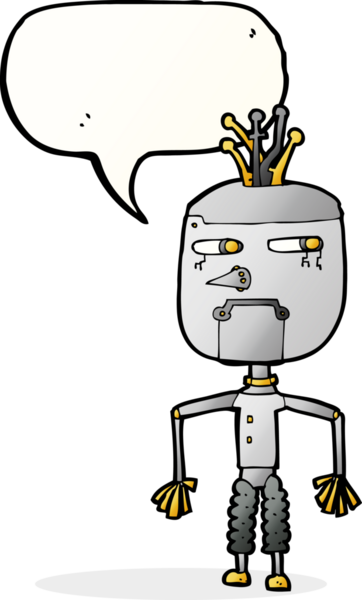 Bir insan tarafından çizilmiş konuşma balonu olan çizgi film robotu.