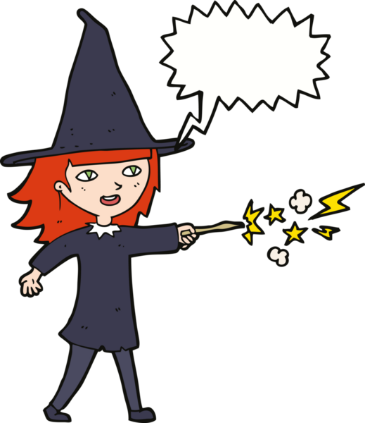 Bir insan tarafından çizilmiş konuşma balonuyla büyülenmiş cadı kız çizgi filmi.
