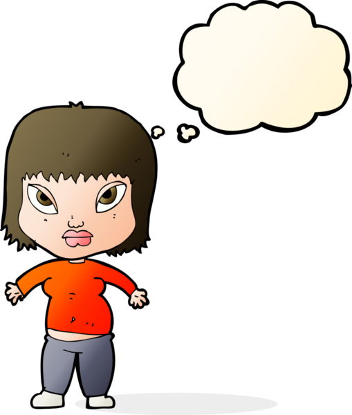 Düşünce baloncuğu bir insan tarafından çizilmiş kilolu kadın çizgi filmi.