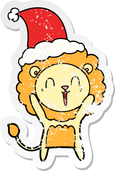 Gülen aslan eli, bir insan tarafından çizilmiş Noel Baba şapkasının üzgün çıkartmasını çizmiş.