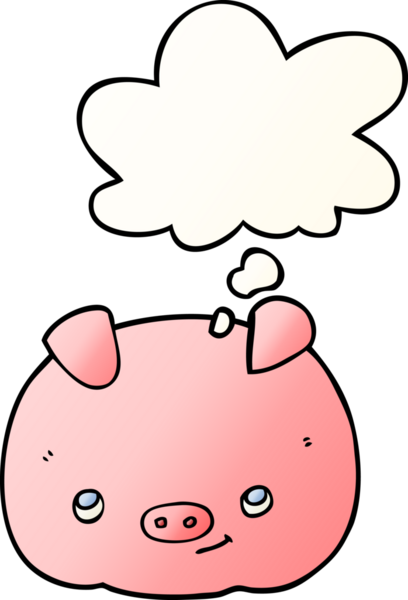 Düşünce baloncuklu çizgi film mutlu domuz bir insan tarafından çizilmiş düz gradyan tarzı