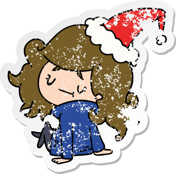 Bir insan tarafından çizilmiş Kawai kızının, sıkıntılı bir Noel çıkartması.