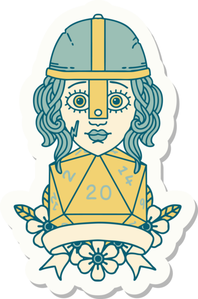 Bir insan tarafından çizilmiş doğal 20 D20 ruloya sahip bir insan dövüşçüsünün çıkartması.