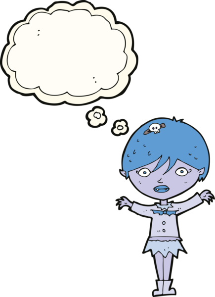 Bir insan tarafından çizilmiş düşünce balonlu vampir kız çizgi filmi.