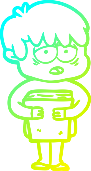 Bir insan tarafından çizilmiş kitabı tutan bitkin bir çocuğun çizgi film çizimi.