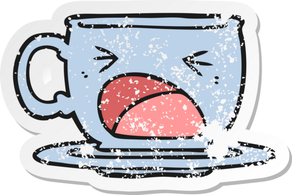 Bir insan tarafından çizilmiş çay fincanı diye bağıran karikatür çıkartması.