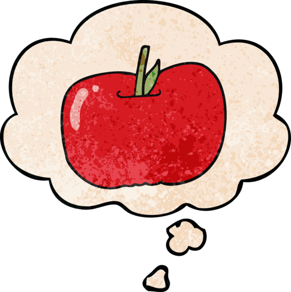bir insan tarafından çizilmiş grunge desenli düşünce baloncuklu çizgi film elması