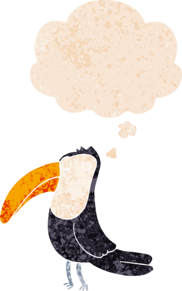 Düşünce baloncuklu çizgi film Toucan grunge sıkıntılı retro dokuma tarzı bir insan tarafından çizilmiş