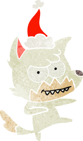 Bir insan tarafından çizilmiş Noel Baba şapkası giymiş sırıtan bir tilkinin el çizimi karikatürü