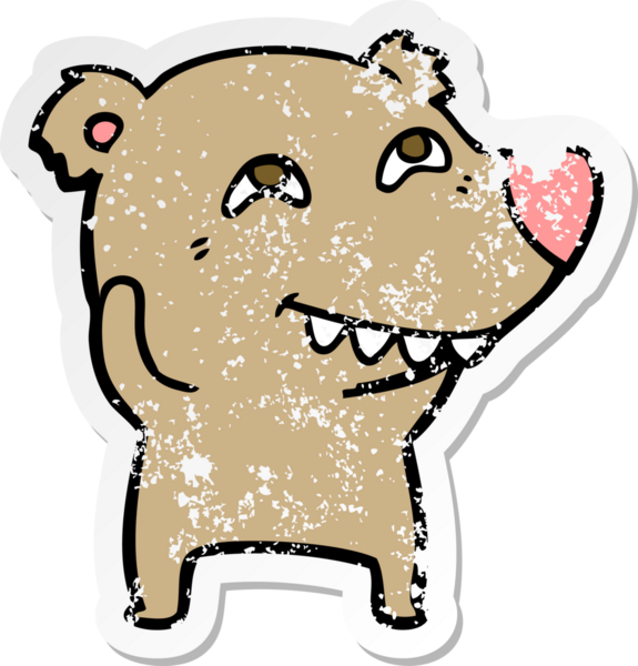 Bir insan tarafından çizilmiş dişleri gösteren bir çizgi film ayısının sıkıntılı çıkartması.