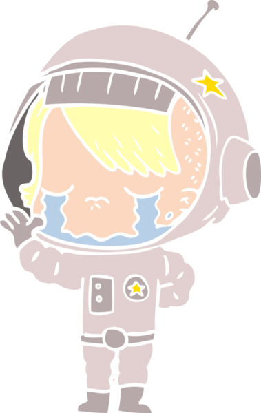 Düz renkli çizgi film ağlayan astronot kız bir insan tarafından çizilmiş.