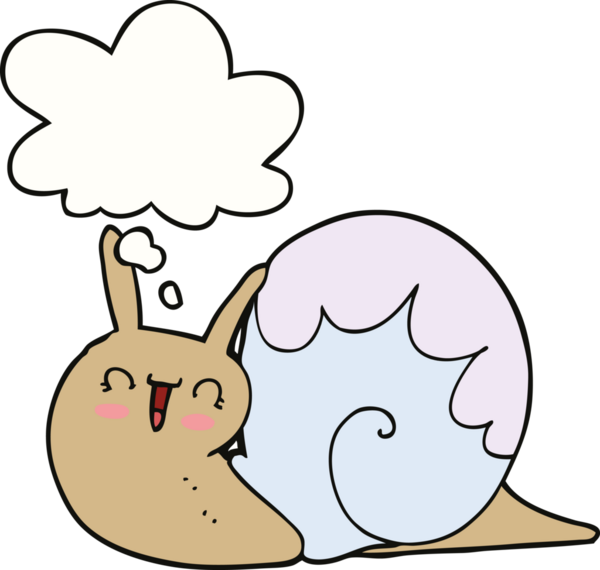 Bir insan tarafından çizilmiş düşünce kabarcığı olan sevimli çizgi film salyangozu.