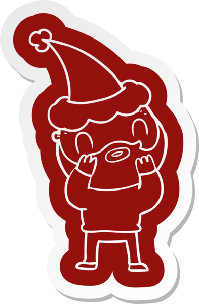 Bir insan tarafından çizilmiş Noel Baba şapkası giyen sakallı bir adamın garip çizgi film çıkartması.