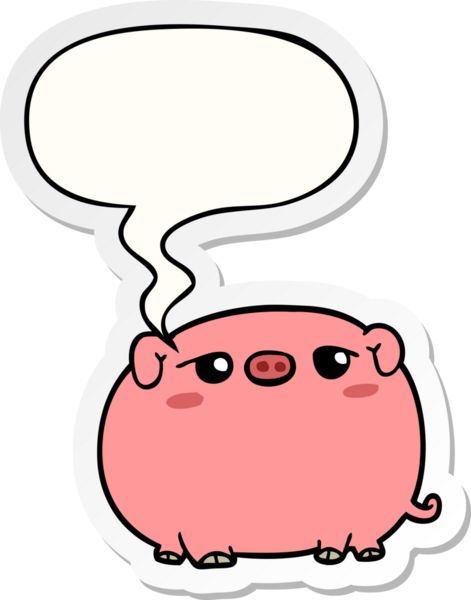 Bir insan tarafından çizilmiş baloncuk çıkartmalı şirin çizgi film domuzu.