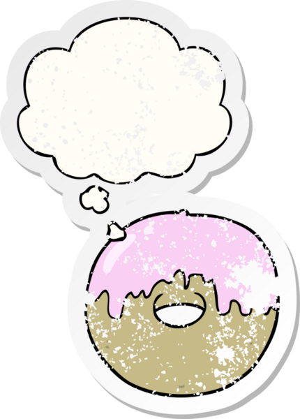 Düşünce baloncuklu çizgi film donutu insan tarafından çizilmiş yıpranmış bir çıkartma gibi.