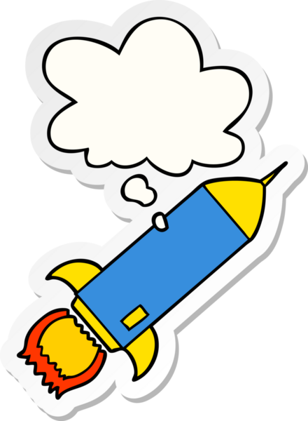 İnsan tarafından çizilmiş bir çıkartma olarak düşünce baloncuklu çizgi film roketi.