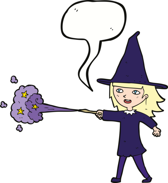 Bir insan tarafından çizilmiş konuşma balonuyla büyülenmiş cadı kız çizgi filmi.