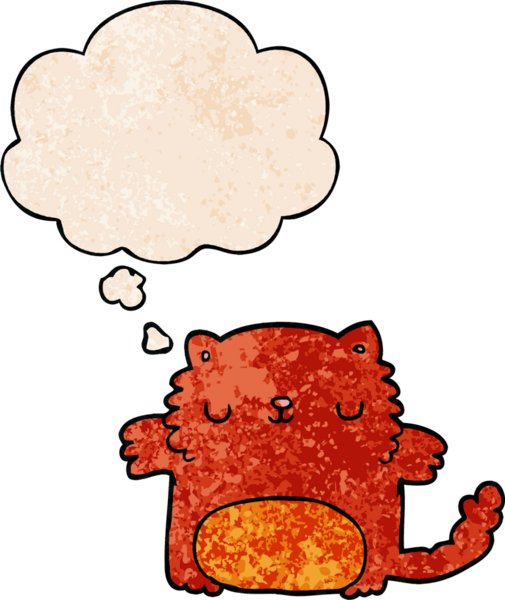 Bir insan tarafından çizilmiş grunge desenli düşünce baloncuklu çizgi film kedisi.