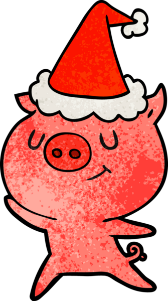 Mutlu el çizimi bir insan tarafından çizilmiş Noel Baba şapkası takan bir domuzun çizgi filmi.