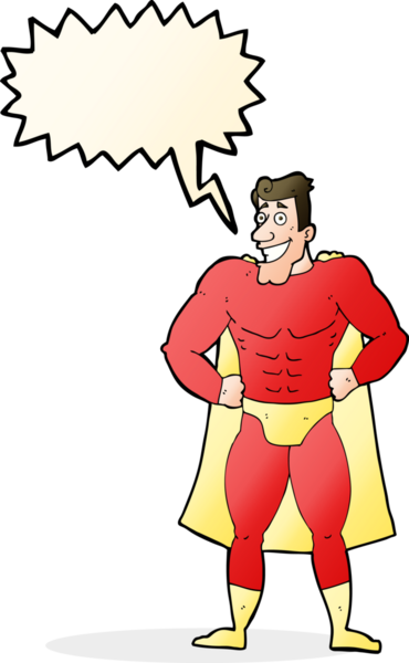 Bir insan tarafından çizilmiş konuşma balonu olan çizgi film süper kahramanı.