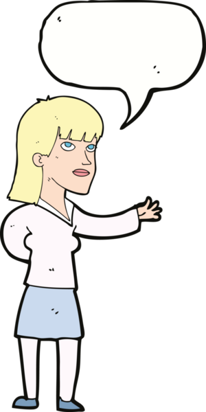 Bir insan tarafından çizilen konuşma baloncuğuyla açıklayan çizgi film kadını.