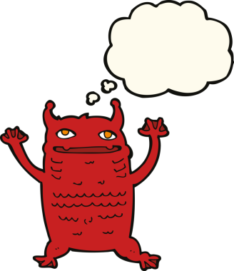 Bir insan tarafından çizilmiş düşünce balonu olan küçük bir canavar.