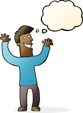 Bir insan tarafından çizilmiş düşünce baloncuğu ile heyecanlı bir adam.