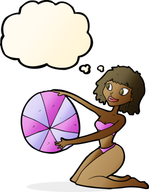 Bir insan tarafından çizilmiş baloncuklu plaj topu olan bikinili kız.