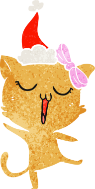 Bir insan tarafından çizilmiş Noel Baba şapkası takan bir kedinin retro karikatürü.