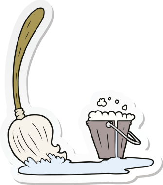 Bir insan tarafından çizilmiş karikatür paspas ve kova çıkartması.