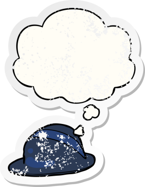 Düşünce baloncuklu çizgi film melon şapkası bir insan tarafından çizilmiş yıpranmış bir çıkartma.