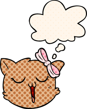 Çizgi roman tarzında bir insan tarafından çizilmiş düşünce baloncuklu kedi yüzü.