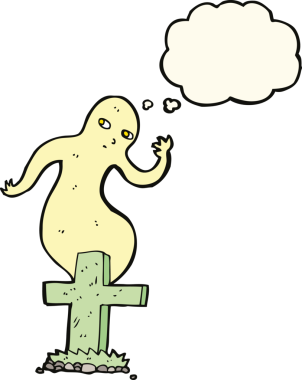 Bir insan tarafından çizilmiş düşünce baloncuğuyla mezardan yükselen karikatür hayaleti