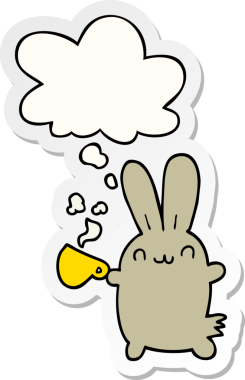 Sevimli çizgi film tavşanı bir insan tarafından çizilmiş çıkartma olarak düşünce baloncuklu kahve içiyor.