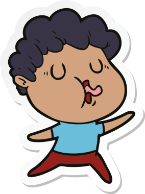 Bir insan tarafından çizilmiş şarkı söyleyen bir çizgi film karakterinin çıkartması.