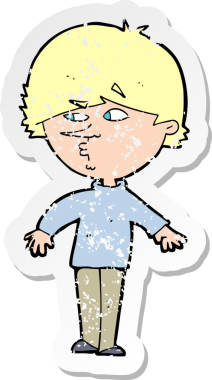 Bir insan tarafından çizilmiş omzunun üzerinden bakan şüpheli bir çizgi filmin gerilemiş çıkartması.