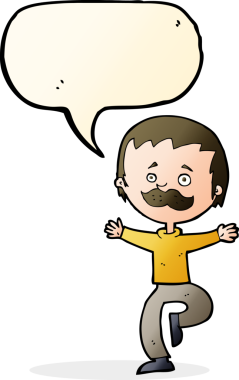 Bir insan tarafından çizilmiş konuşma balonlu bıyıklı çizgi film dansçısı.