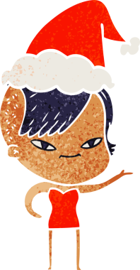 Hipster saç kesimli bir kızın insan tarafından çizilmiş Noel Baba şapkası taktığı hoş bir el çizimi.