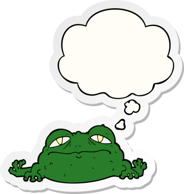 Düşünce baloncuğu insan tarafından çizilmiş bir çıkartma olan çirkin bir kurbağa.