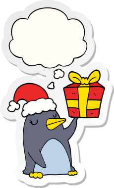 Düşünce baloncuğu ve insan tarafından çizilmiş bir çıkartma ile noel hediyesi olan penguen çizgi filmi.