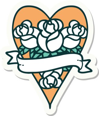 Geleneksel kalp stili dövme çıkartması ve bir insan tarafından çizilmiş çiçekli pankart.