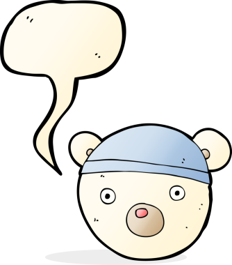 Bir insan tarafından çizilmiş konuşma balonlu şapka giyen kutup ayısı yavrusu.