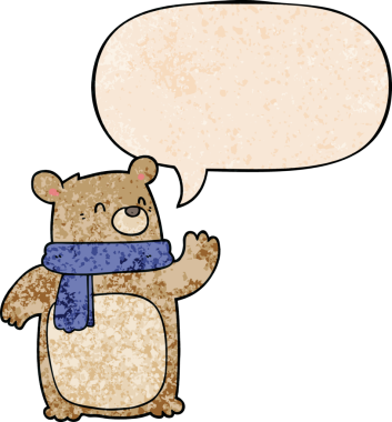 Bir insan tarafından çizilmiş eski moda konuşma baloncuklu eşarp takan çizgi film ayısı.