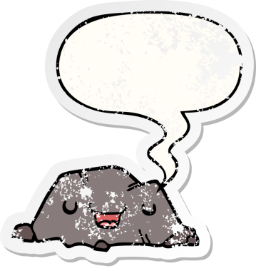 Konuşma baloncuğu olan karikatür rock 'ı bir insan tarafından çizilmiş sıkıntılı eski bir çıkartma